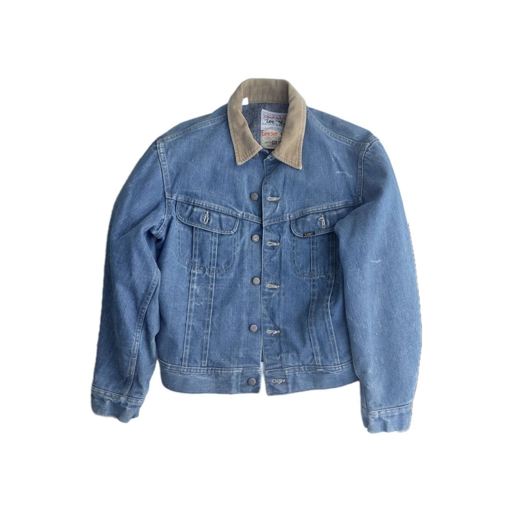 Vtg Lee Storm Rider Lined Western Denim Jacket Blue Beige Corduroy Collar USA